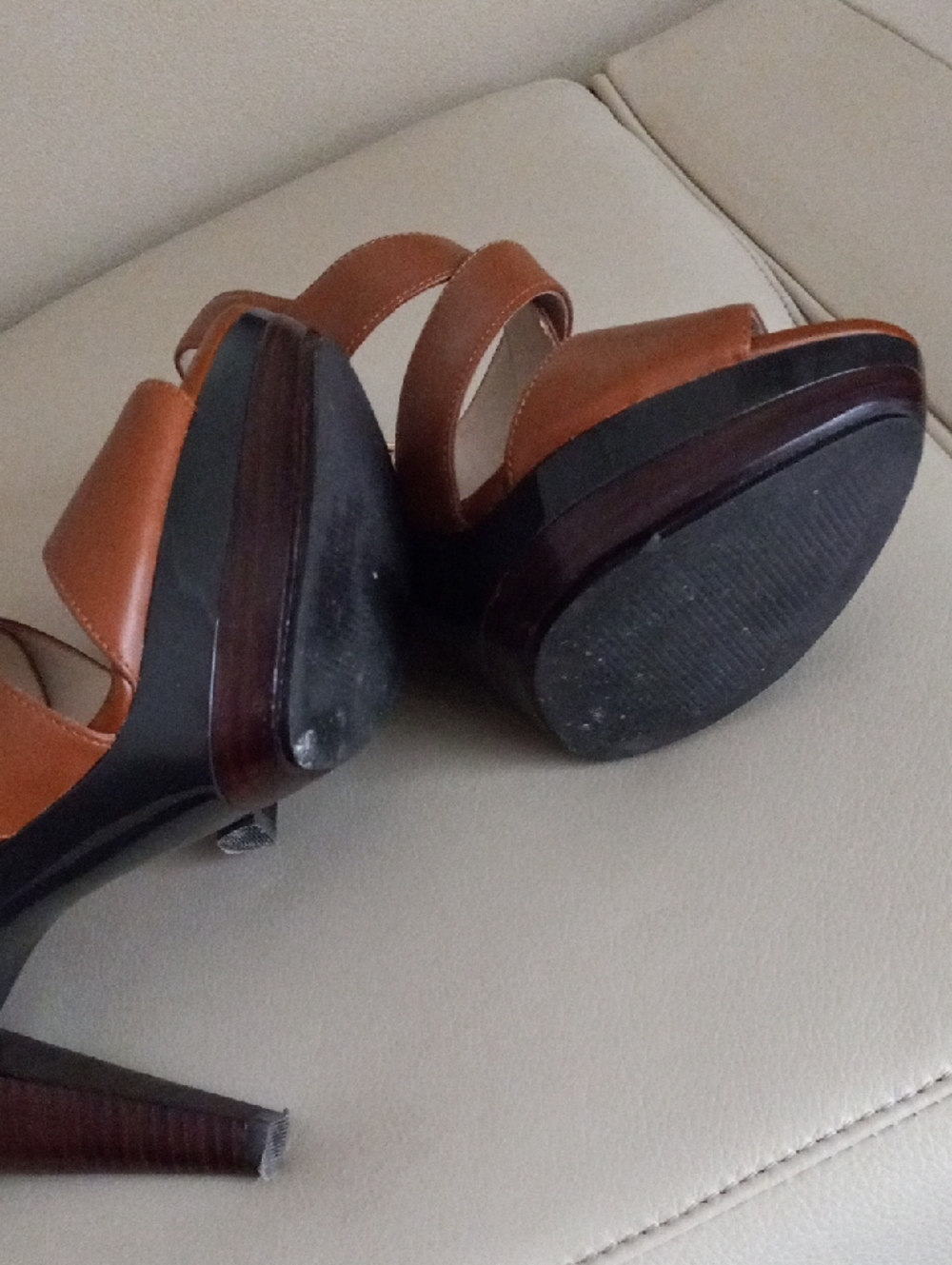 Audrey Brooke Tan Brown Leather Platform Slingback Heels Size: 7M - Picture 14 of 17